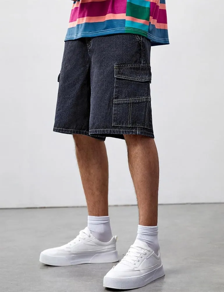 Kinghua Mens Baggy Jean Shorts Casual Loose Fit Hip Hop Skater Streetwear Denim Cargo Shorts