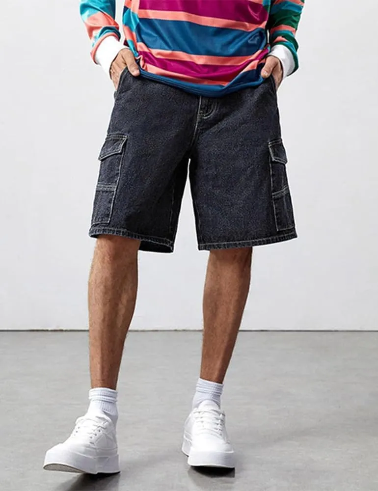 Kinghua Mens Baggy Jean Shorts Casual Loose Fit Hip Hop Skater Streetwear Denim Cargo Shorts