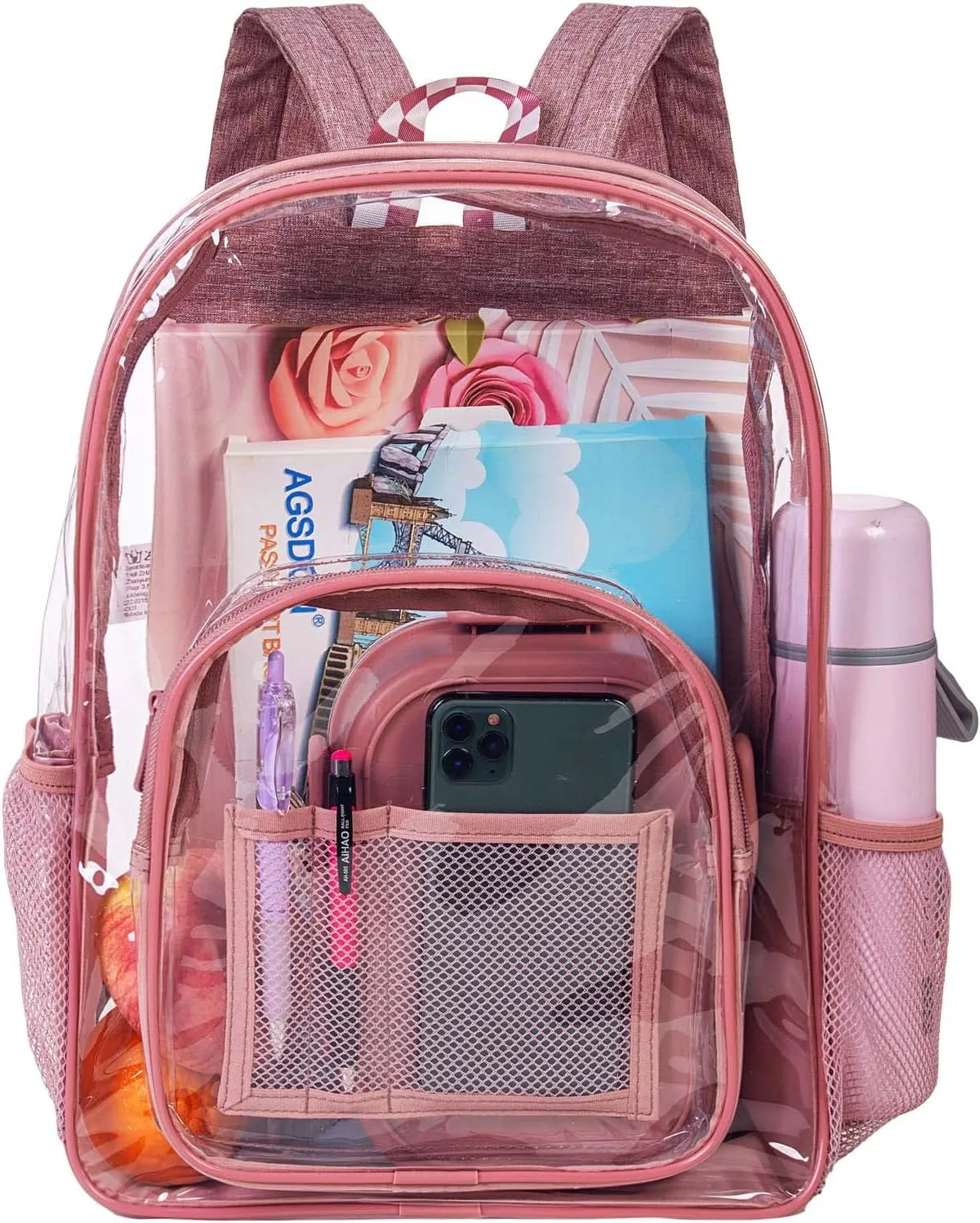 KLFVB Clear Backpack Heavy Duty, See Through Transparent Bookbag - Pink One Size
