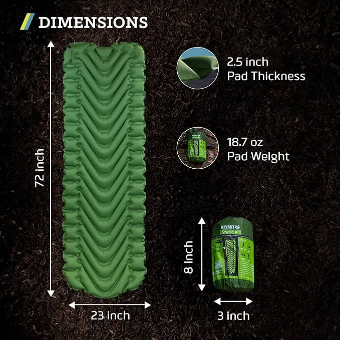 KLYMIT Static V Lightweight Inflatable Sleeping Pad | Comfortable, Lightweight, Easy to Inflate Portable Air Bed Mattress for Camping, Backpacking and Hiking — Green
