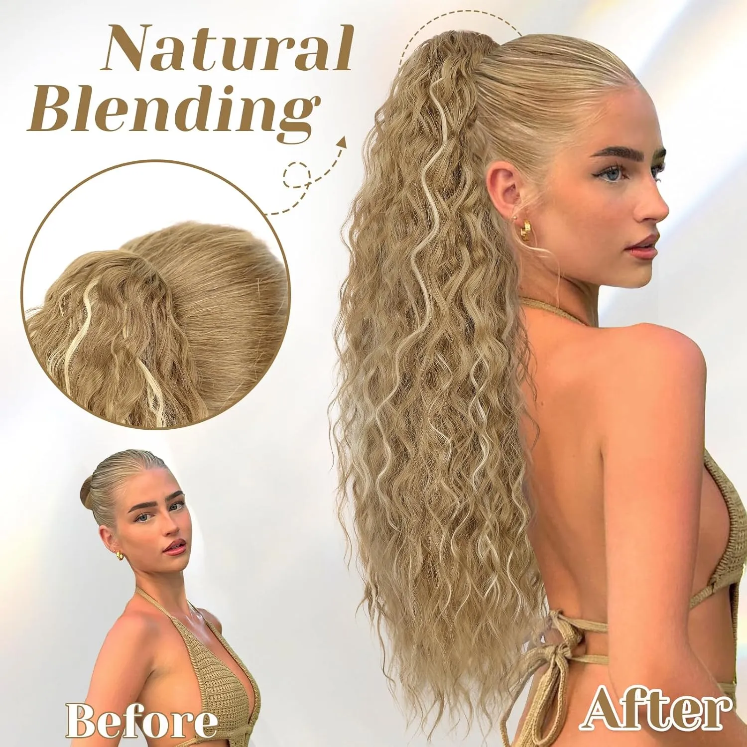KooKaStyle Ponytail Extension 30 Inch Drawstring Pony Tails Hair Extensions for Women Long Curly Ponytail Synthetic Hairpieces for Daily Use（ Bronde mix Light Blonde）