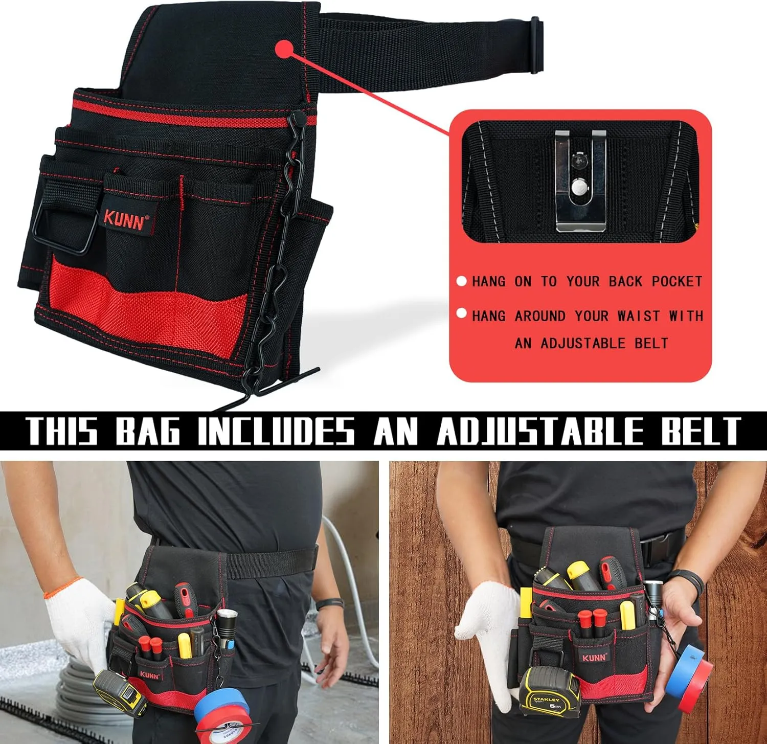 KUNN Electrician Tool Pouch - Durable Small Basic Maintenance Tool Pouch Belt with Belt Clip