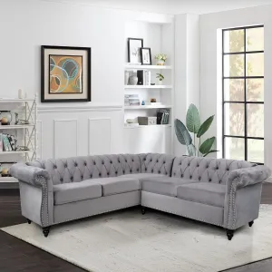 L Shaped Small Sectional Sofa, Chesterfield Velvet Couch Tufted Accent Sofa with Scroll Arms and Nailhead for Living Room, Office