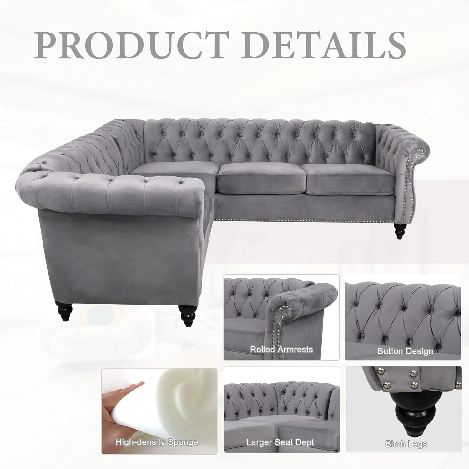 L Shaped Small Sectional Sofa, Chesterfield Velvet Couch Tufted Accent Sofa with Scroll Arms and Nailhead for Living Room, Office