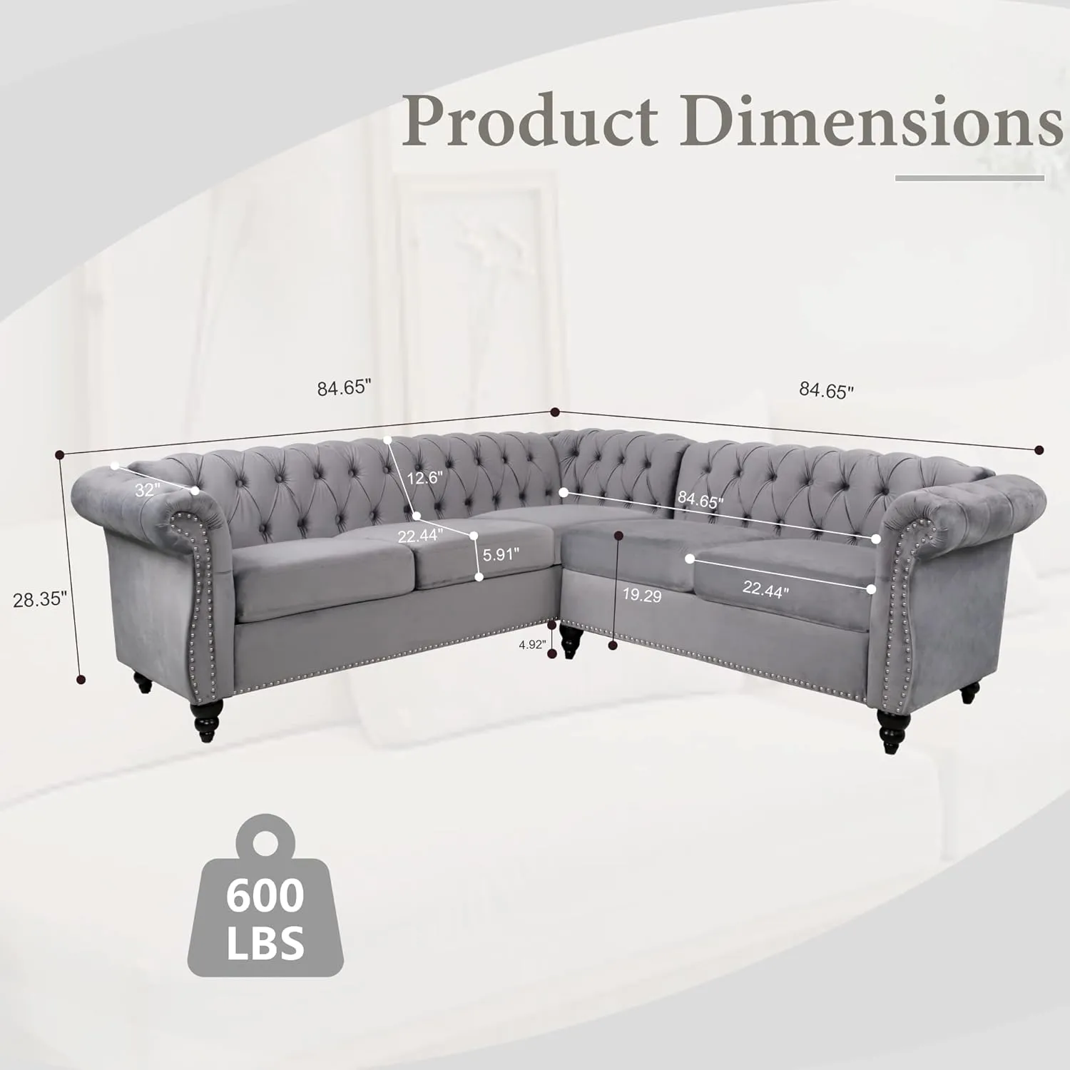 L Shaped Small Sectional Sofa, Chesterfield Velvet Couch Tufted Accent Sofa with Scroll Arms and Nailhead for Living Room, Office