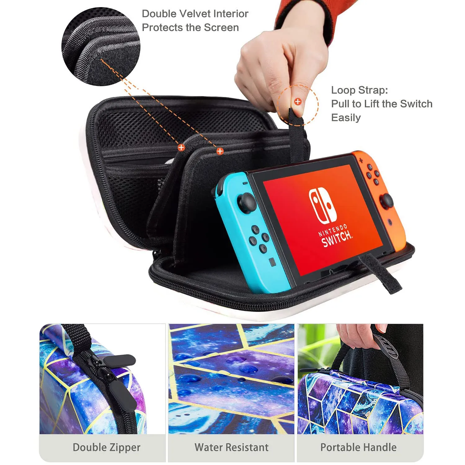 Lalumix Nintendo Switch Case OLED Model, Nintendo Switch Case for Girls Boys with 16 Game Card Slots Travel Bag Shockproof Shell Hard Cover for Switch Console Joy-Con & Accessories, Blue Galaxy
