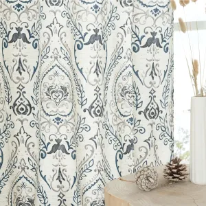 LAMIT Linen Curtains for Living Room 84 inch Length 2 Panels Set, Light Filtering Privacy Grommet Vintage Boho Damask Printed Window Drapes for Bedroom, Greyish Blue, Each 52 x 84 Inch