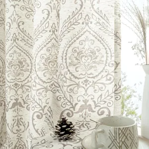 LAMIT Linen Curtains for Living Room 84 Inch Length 2 Panels Set, Vintage Damask Printed Linen Curtains Grommet Light Filtering Window Drapes for Bedroom/Farmhouse, Taupe, Each 52 x 84 Inch