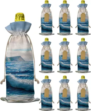 Landscape Oil Painting Wine Bags Wine Gift Bags, 10 Pcs Wine Bottle Bags with Drawstring Tag & Rope, Reusable Wine Bottle Covers for Wedding, Holiday Party - Flying Gulls on Turbulent Waves Blue
