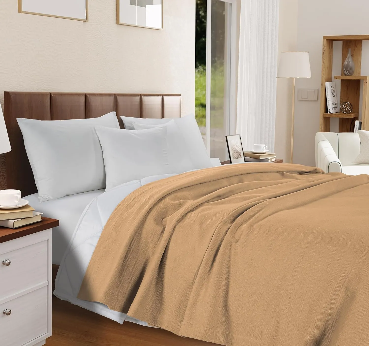 LANE LINEN King Size Cotton Blanket – Lightweight and Soft Herringbone Blanket, Cooling for Summer and Warm for Winter, Season Comfort, 100% Cotton Blankets, King Size 90"x108" – Tan
