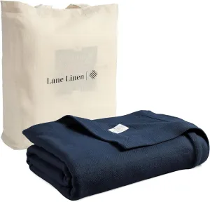 LANE LINEN Queen Size Cotton Blanket 90"x90" – Soft, Cooling & Warm Blanket for Bed and Couch – Lightweight for Summer & Winter Use, Herringbone Pattern – Navy
