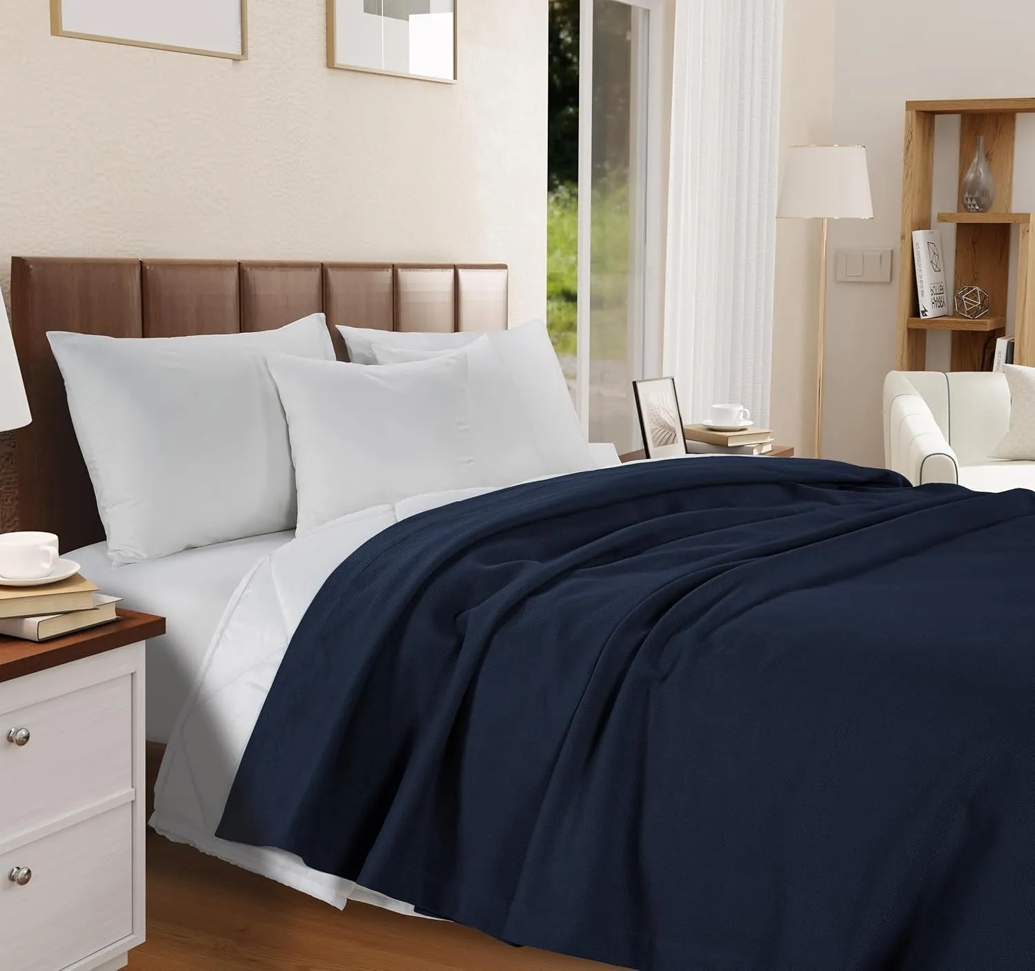 LANE LINEN Queen Size Cotton Blanket 90"x90" – Soft, Cooling & Warm Blanket for Bed and Couch – Lightweight for Summer & Winter Use, Herringbone Pattern – Navy