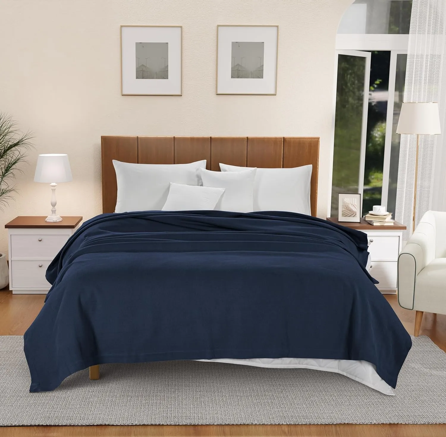 LANE LINEN Queen Size Cotton Blanket 90"x90" – Soft, Cooling & Warm Blanket for Bed and Couch – Lightweight for Summer & Winter Use, Herringbone Pattern – Navy