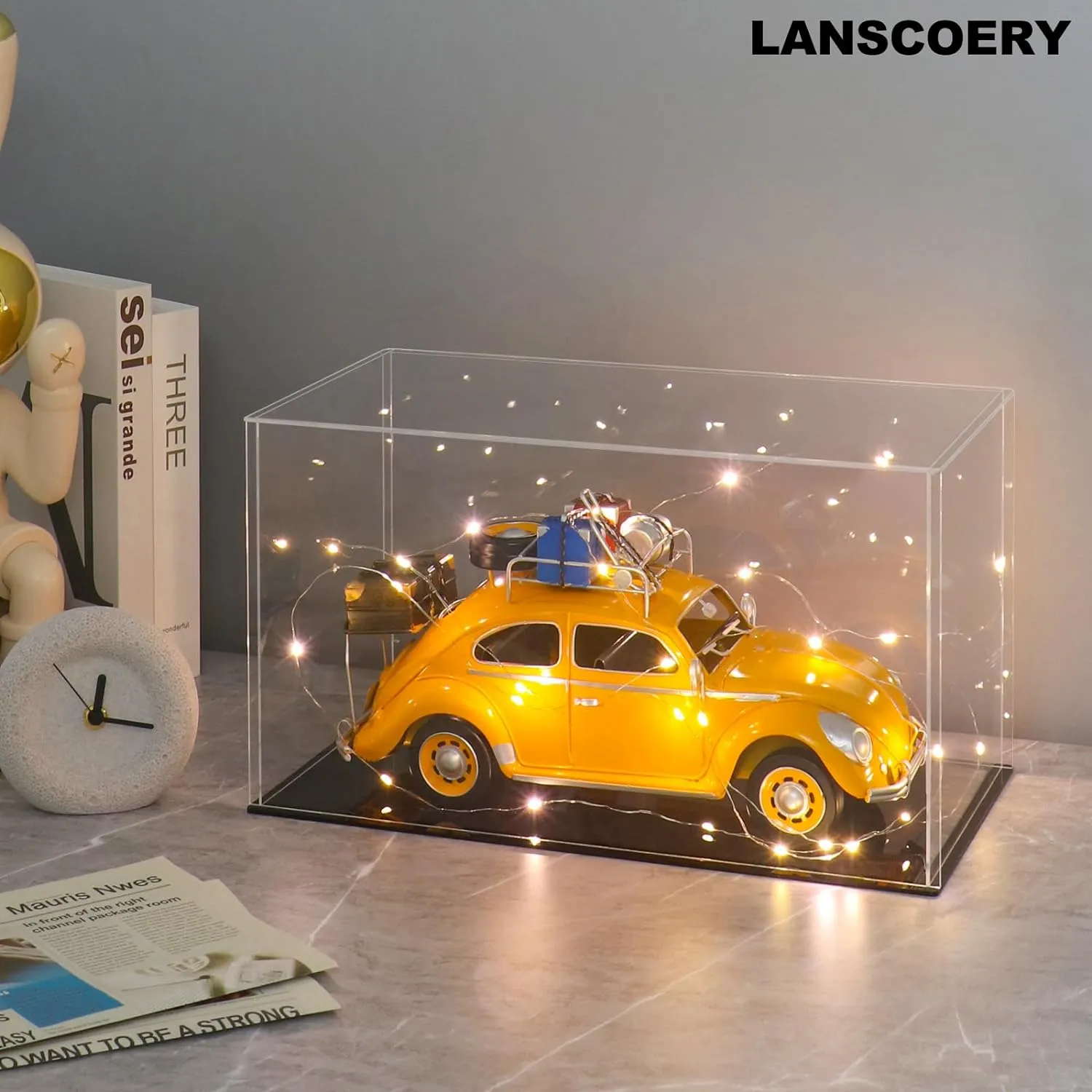 LANSCOERY Acrylic Display Case, Assemble Showcase Display Box for Collectibles, with Dustproof & Seamless Display Design, Suitable for 1/24 Scale Car Model 10x6x6inch Black Base