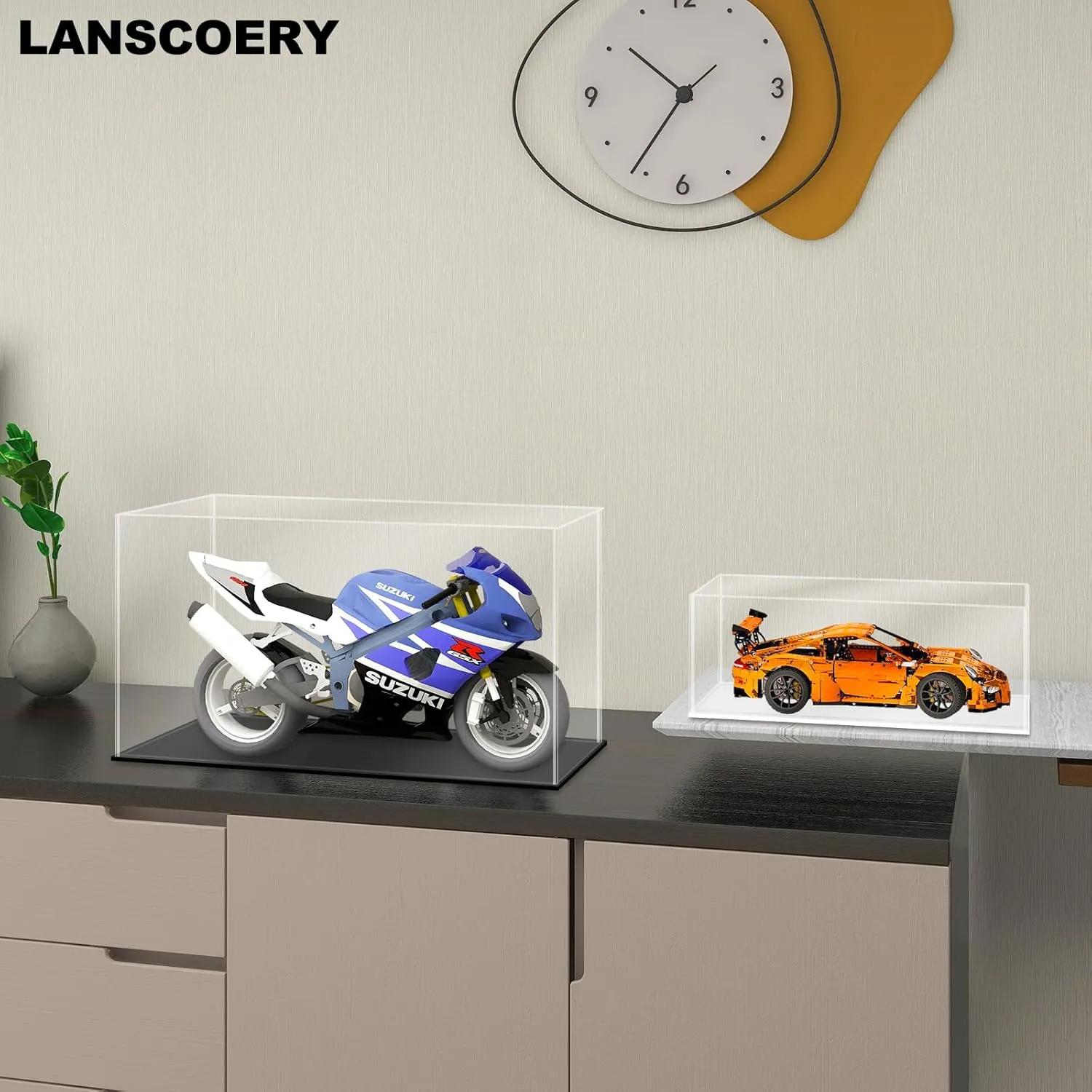 LANSCOERY Acrylic Display Case, Assemble Showcase Display Box for Collectibles, with Dustproof & Seamless Display Design, Suitable for 1/24 Scale Car Model 10x6x6inch Black Base