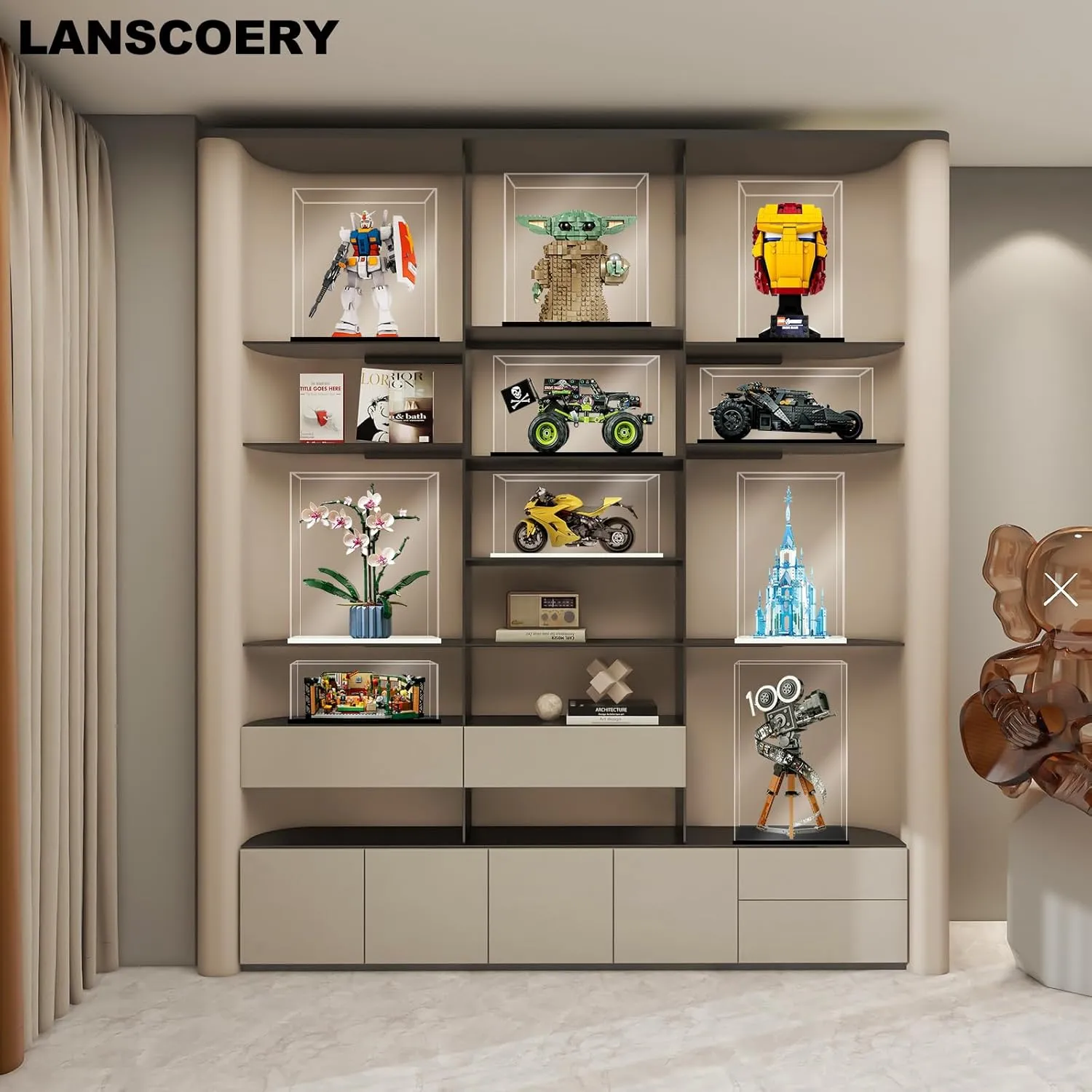 LANSCOERY Acrylic Display Case, Assemble Showcase Display Box for Collectibles, with Dustproof & Seamless Display Design, Suitable for 1/24 Scale Car Model 10x6x6inch Black Base