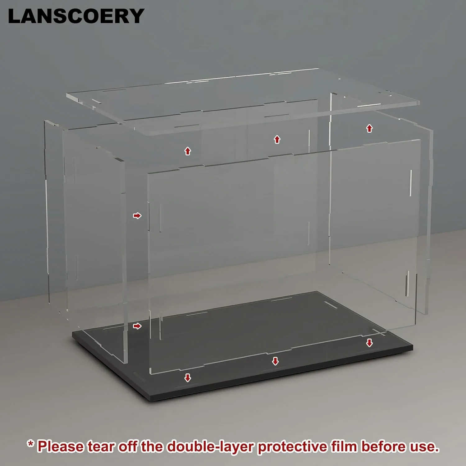 LANSCOERY Acrylic Display Case, Assemble Showcase Display Box for Collectibles, with Dustproof & Seamless Display Design, Suitable for 1/24 Scale Car Model 10x6x6inch Black Base