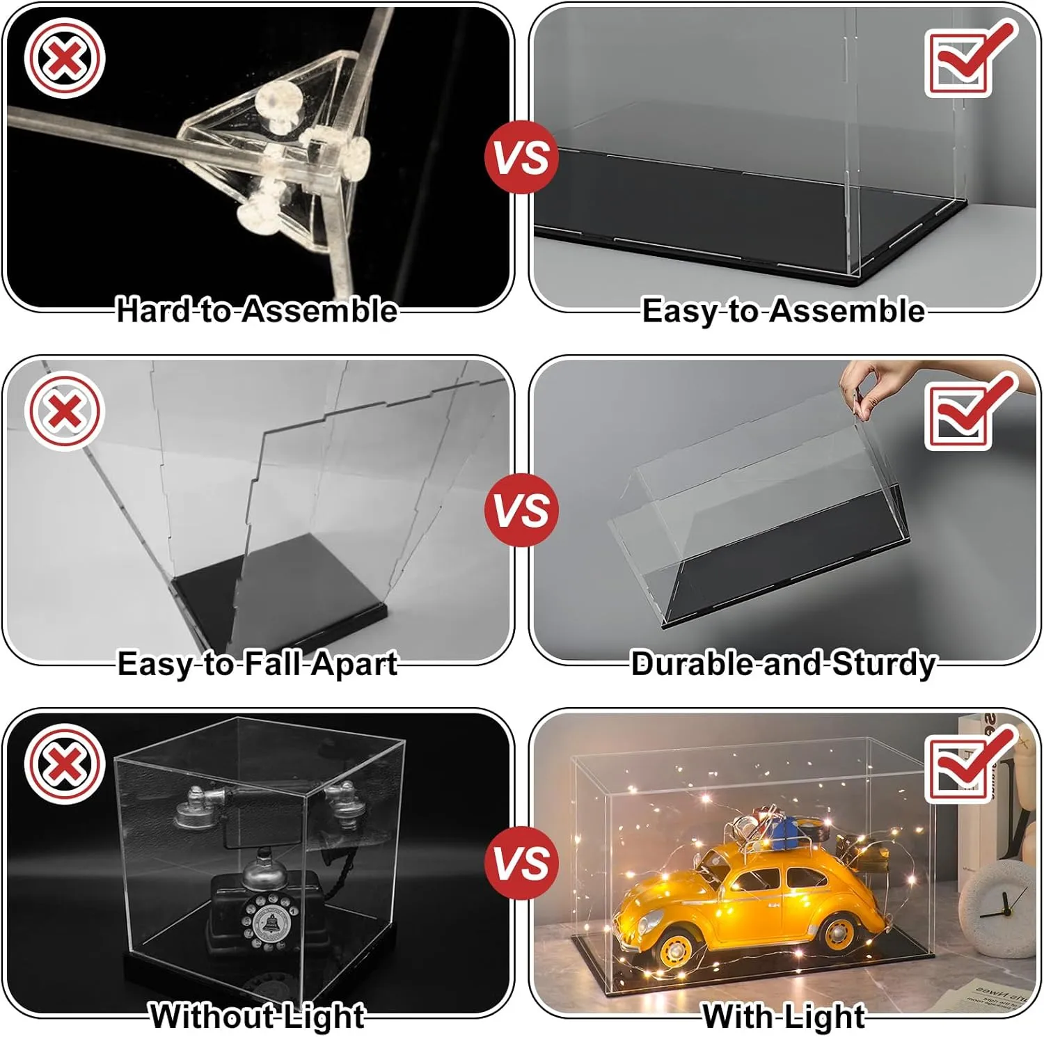 LANSCOERY Acrylic Display Case, Assemble Showcase Display Box for Collectibles, with Dustproof & Seamless Display Design, Suitable for 1/24 Scale Car Model 10x6x6inch Black Base