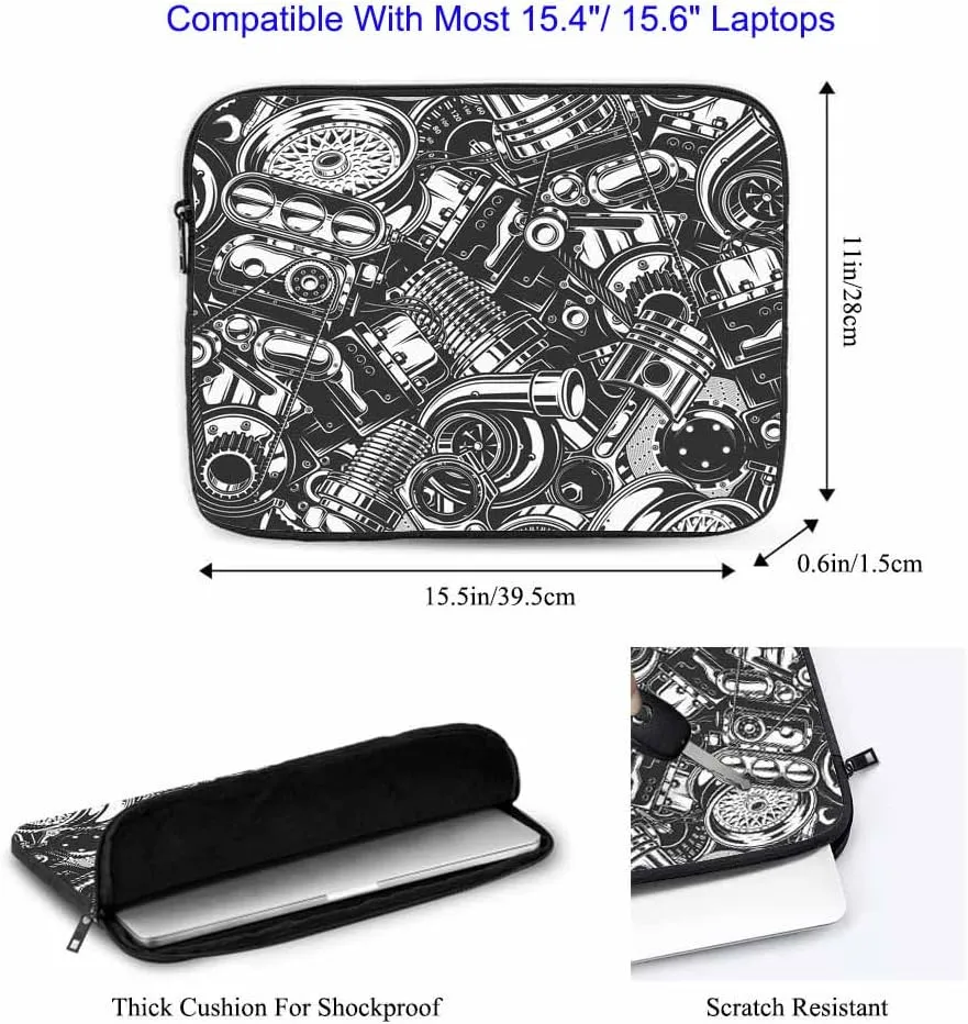 Laptop Sleeve Bag 15.4 15.6 Inch,Automobile Car Parts Pattern Monochrome Black and White Elements Protective Polyester Computer Cases Laptop Cover Tablet Travel Cover
