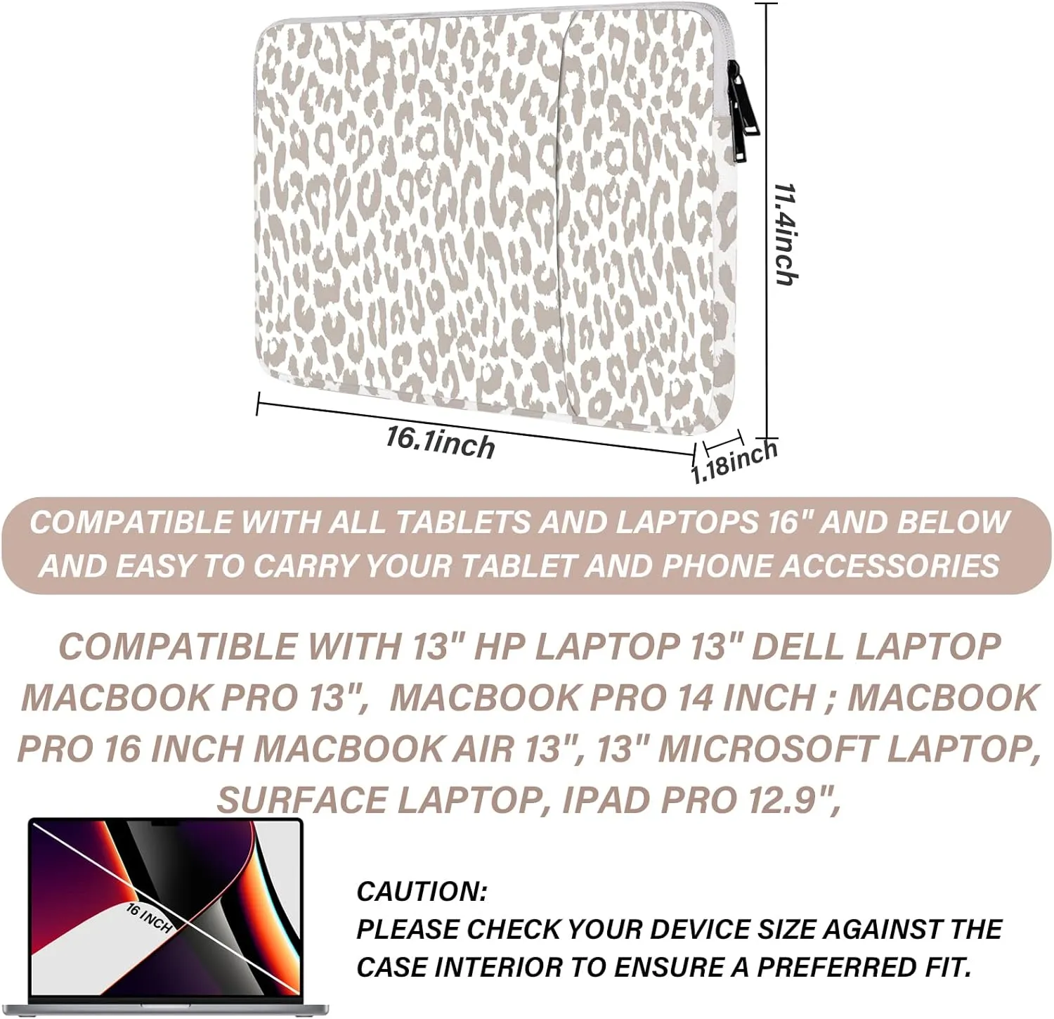 Laptop Sleeve Bag 15.6-16 inch,Compatible with MacBook Air 15 inch M2 2023 A2941/16 Pro M2 A2780 M1 A2485 /Pro Retina 15 A1990,Chromebook,HP,15.3-16 inch Notebook（Grey Leopard Cheetah Bag）