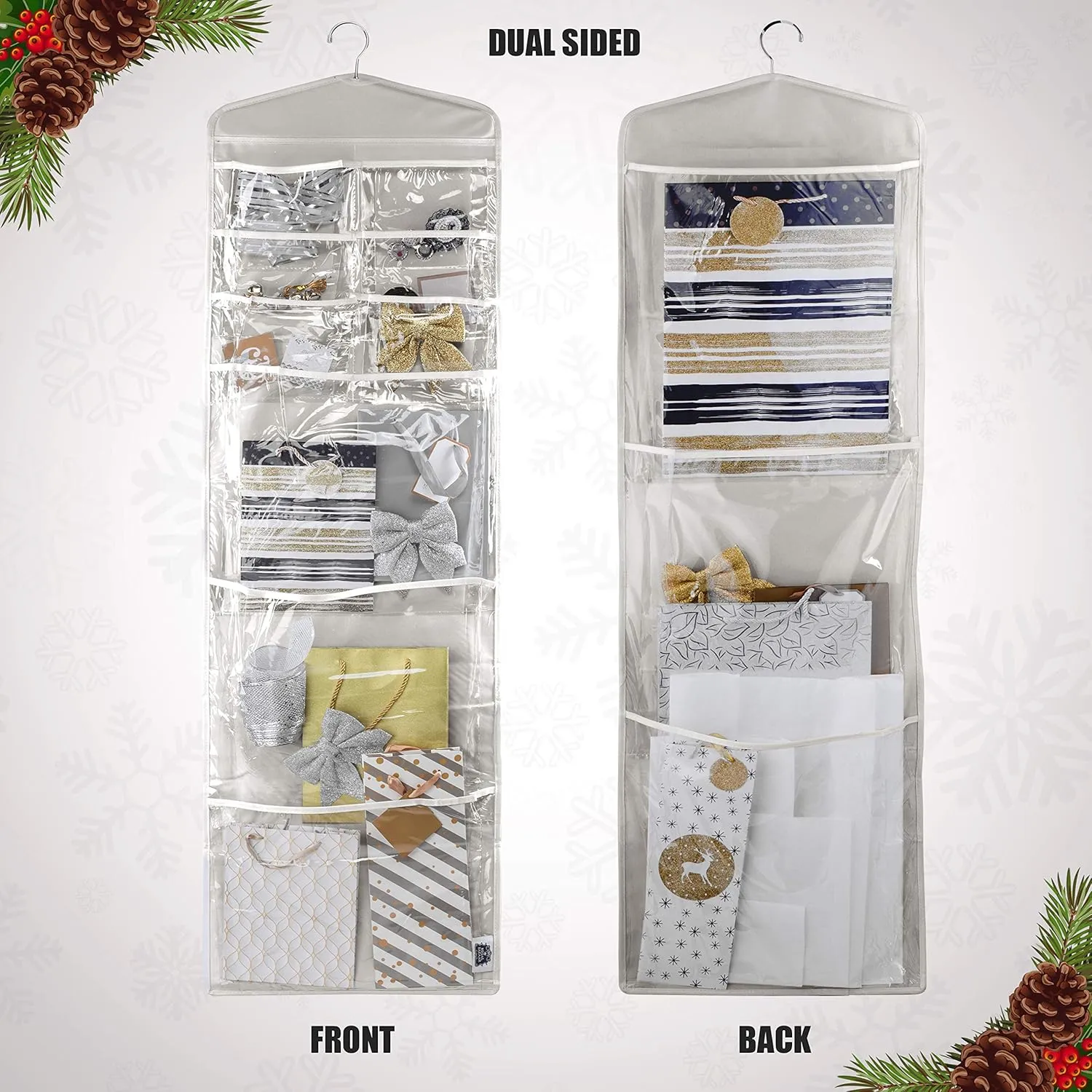 Large Double-Sided Hanging Gift Bag Organizer and Tissue Paper Holder (Grey)