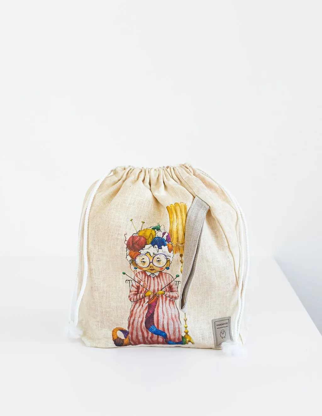 Large Drawstring Knitting Project Bag with Fun Knitter print.