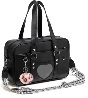 Large Japanese School Shoulder Bag,Faux Leather Tote Messenger Crossbody Bag with Pink Pompom Stripe Strap