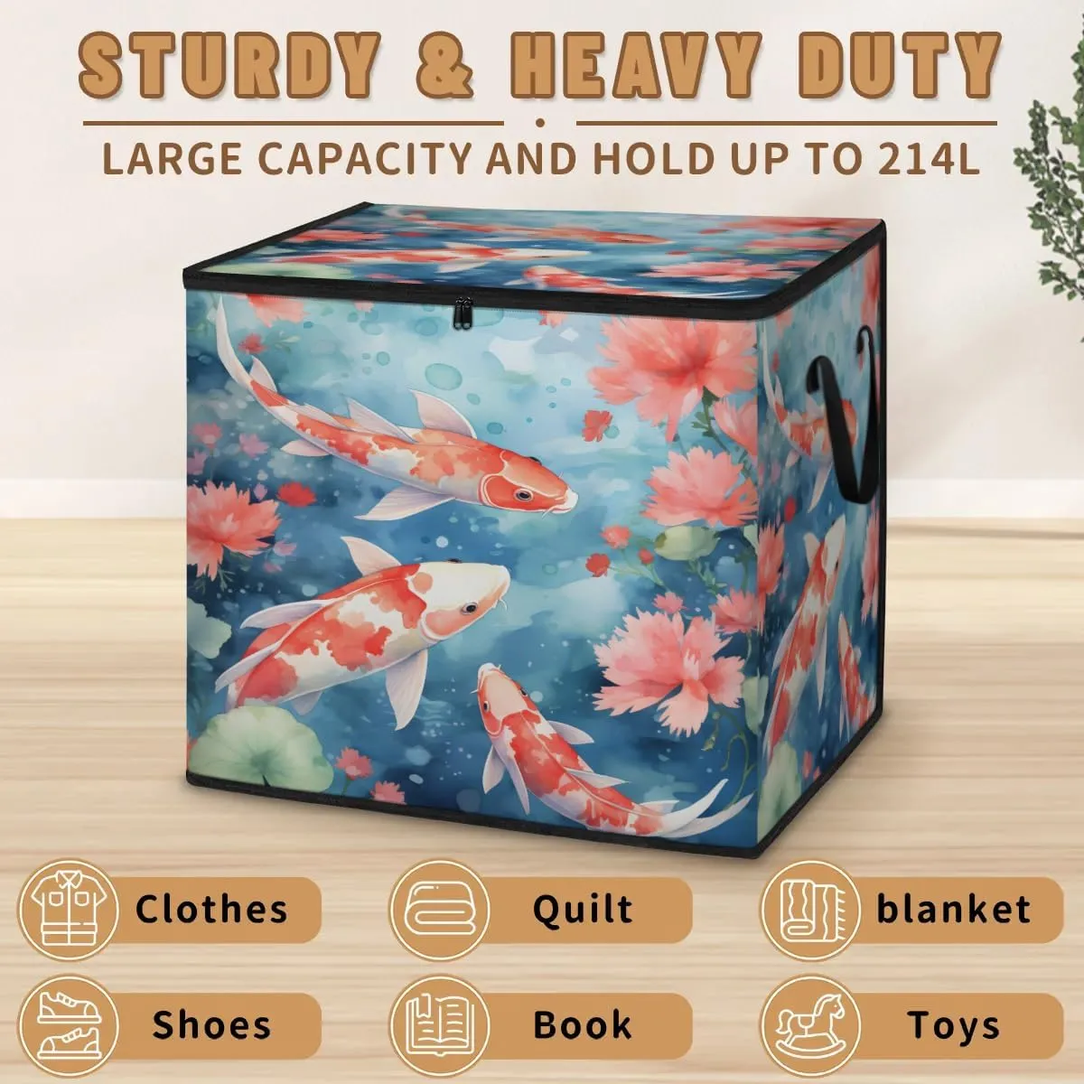 Large Storage Bags Fishes Flowers Closet Organizer Foldable Clothes Storage Bins with Handles Storage Containers for Blanket Comforter Pillow
