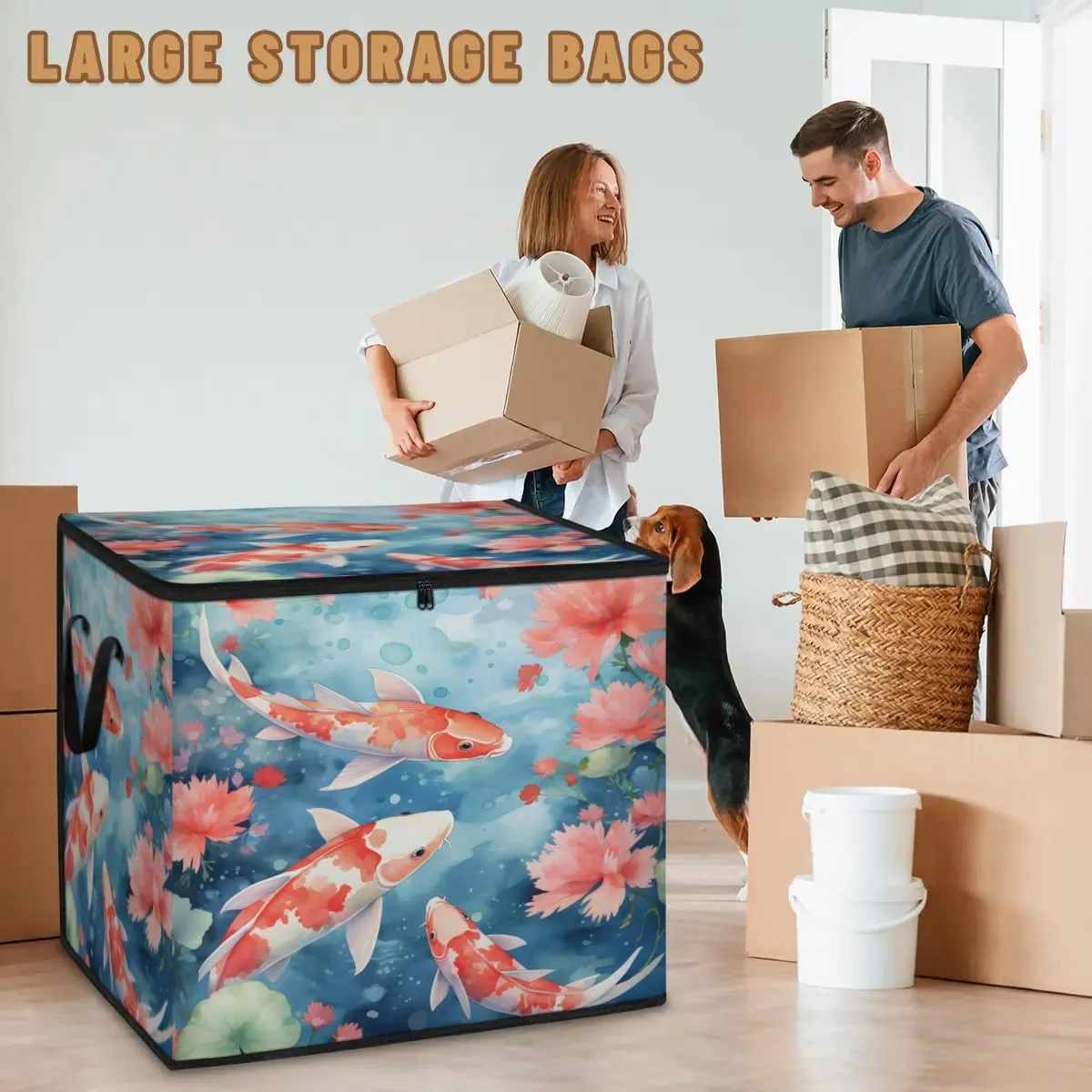 Large Storage Bags Fishes Flowers Closet Organizer Foldable Clothes Storage Bins with Handles Storage Containers for Blanket Comforter Pillow