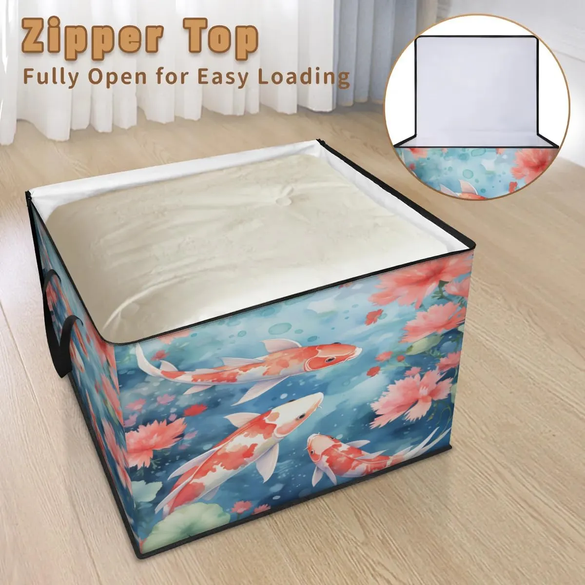Large Storage Bags Fishes Flowers Closet Organizer Foldable Clothes Storage Bins with Handles Storage Containers for Blanket Comforter Pillow