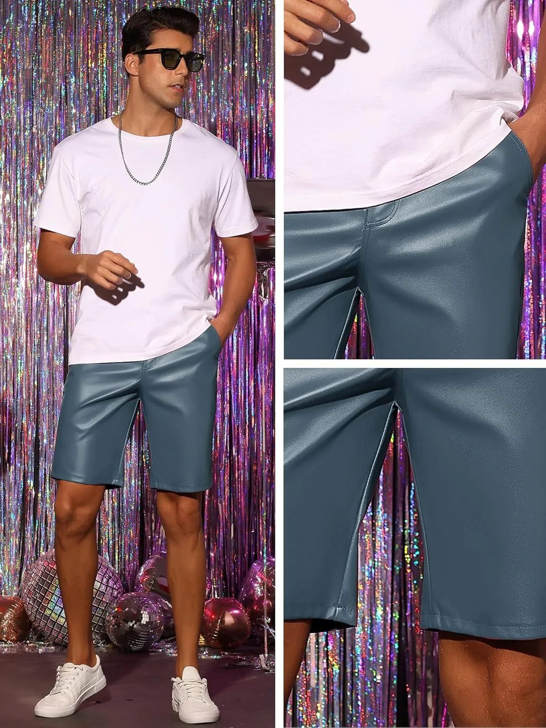 Lars Amadeus Faux Leather Shorts for Men's Hip Hop Motorcycle Biker Party Disco Shorts
