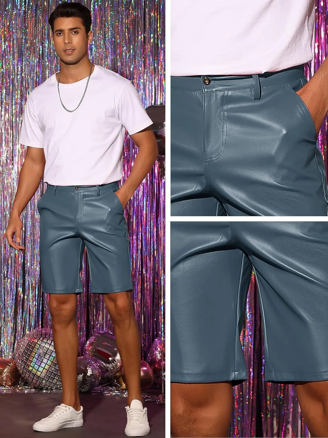 Lars Amadeus Faux Leather Shorts for Men's Hip Hop Motorcycle Biker Party Disco Shorts