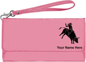 LaserGram Faux Leather Womens Wallet with Strap, Bull Rider Cowgirl, Personalized Engraving Included (Pink)