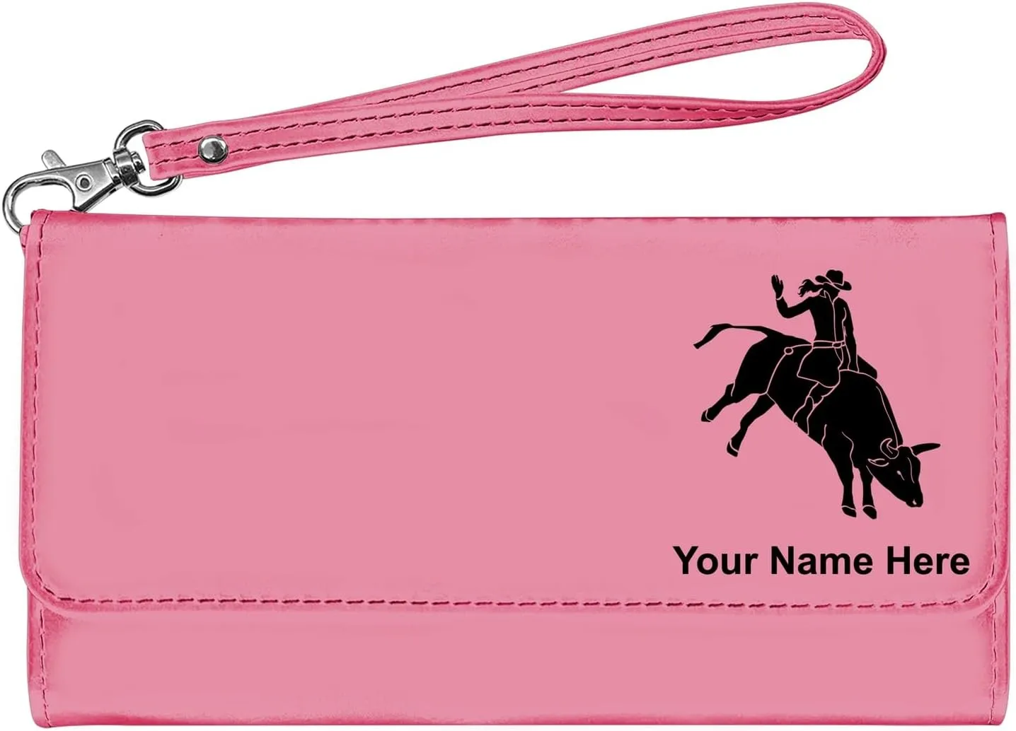 LaserGram Faux Leather Womens Wallet with Strap, Bull Rider Cowgirl, Personalized Engraving Included (Pink)