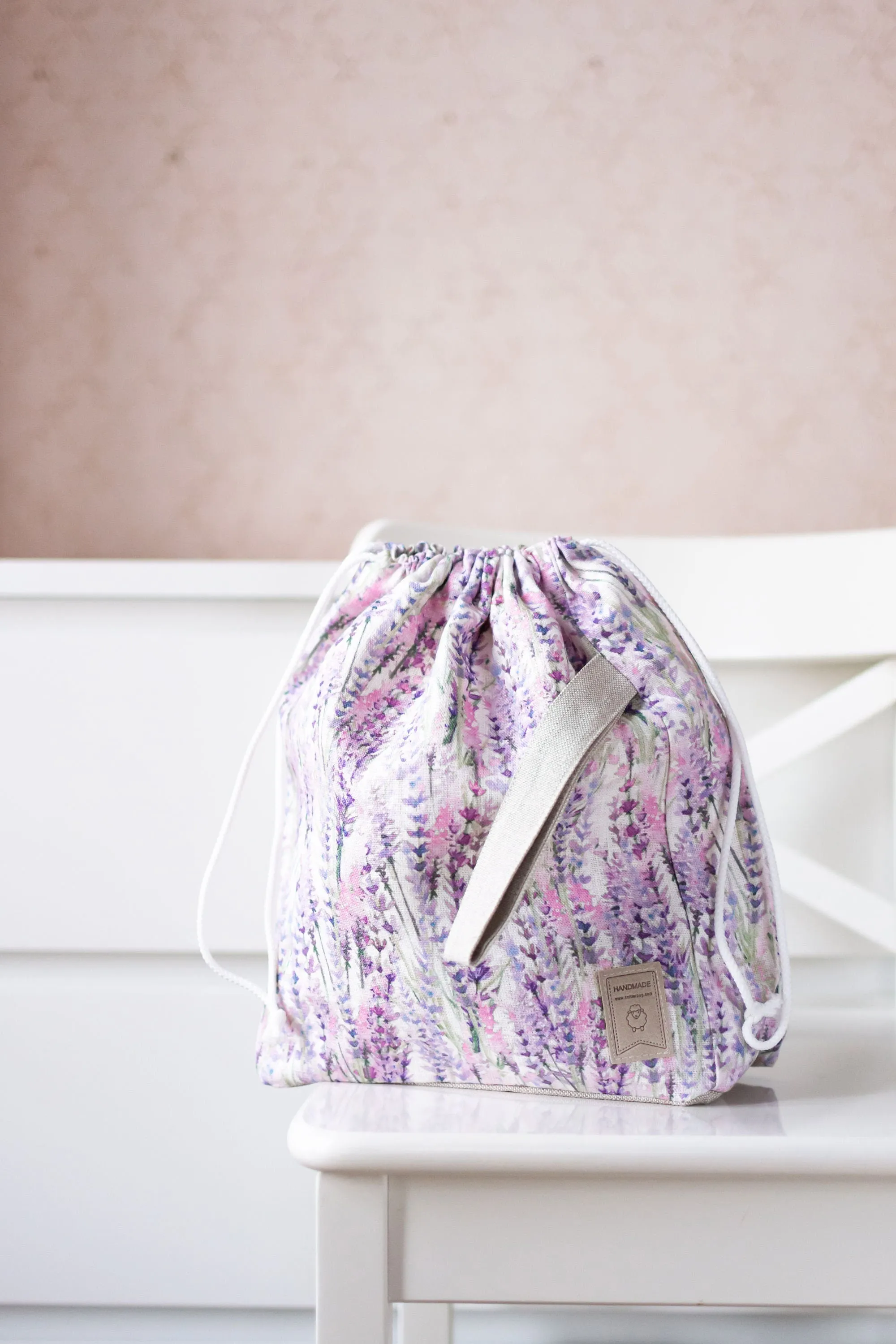 Lavender Large Drawstring Knitting Project Bag. Large. Summer Flowers collection. Special KnitterBag design.