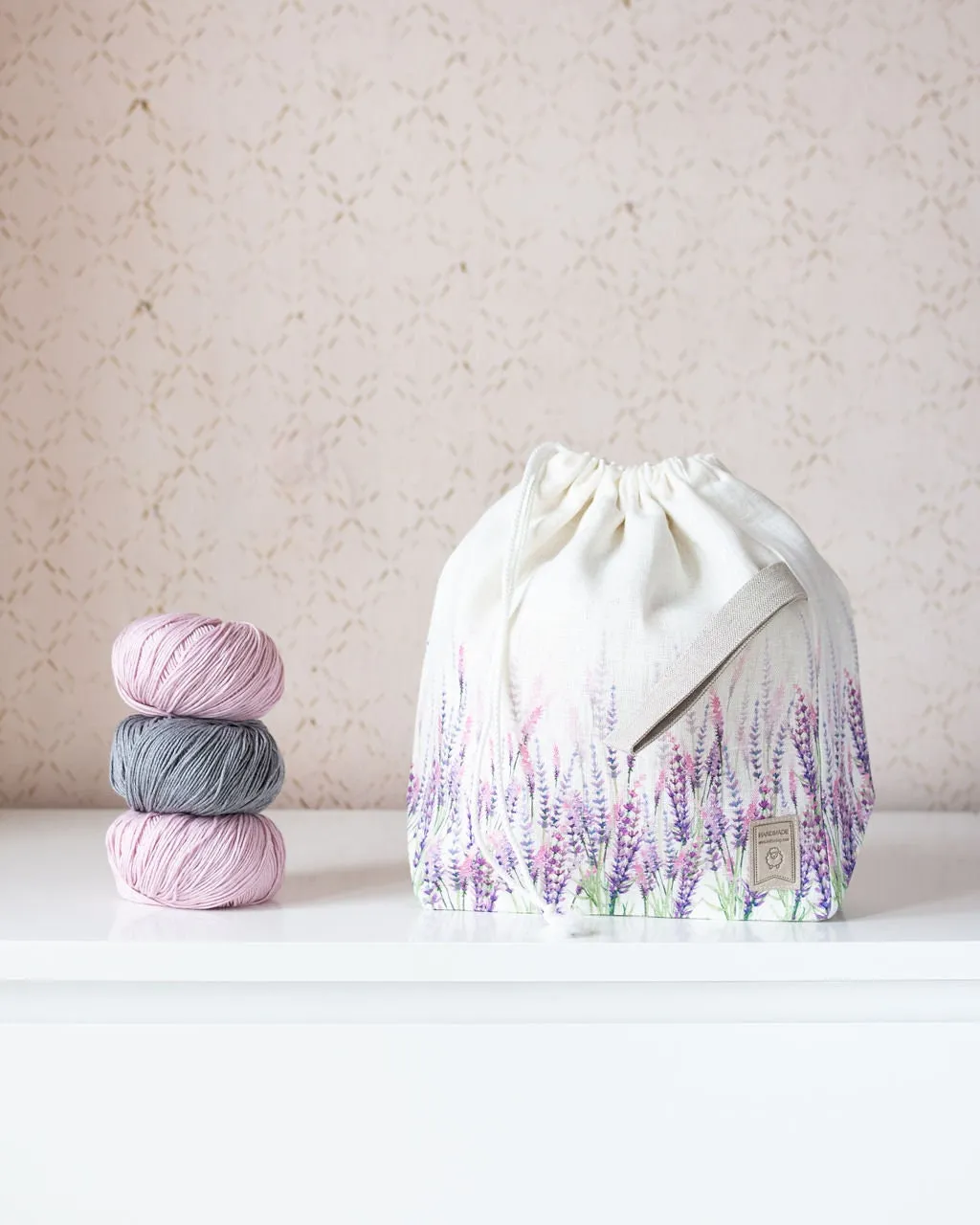 Lavender Large Drawstring Knitting Project Bag. Large. Summer Flowers collection. Special KnitterBag design.