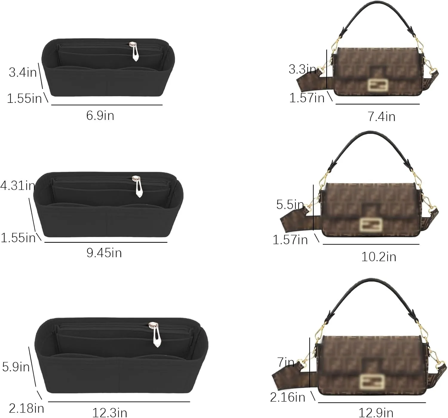 Lckaey Felt purse organizer for FENDI baguette bag insert for fendi Handbag baguette Organizers Y090black-S