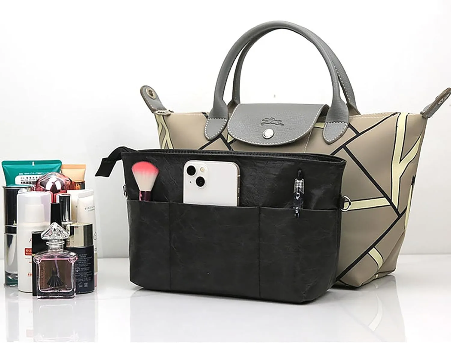 Lckaey Upgraded purse organizer insert for neverfull And more brands handbag-light Dupont Paper organizer4002black-S