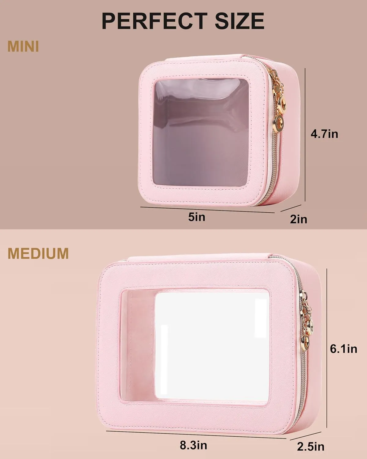 Leather Clear Makeup Bags Set - Travel Clear Cosmetic Bag Case with Zipper, Transparent TSA Approved Toiletry Bags for Travel Essentials Car Accessories for Women (Pink, S M)