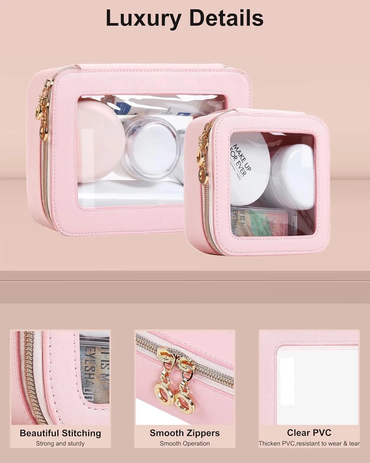 Leather Clear Makeup Bags Set - Travel Clear Cosmetic Bag Case with Zipper, Transparent TSA Approved Toiletry Bags for Travel Essentials Car Accessories for Women (Pink, S M)