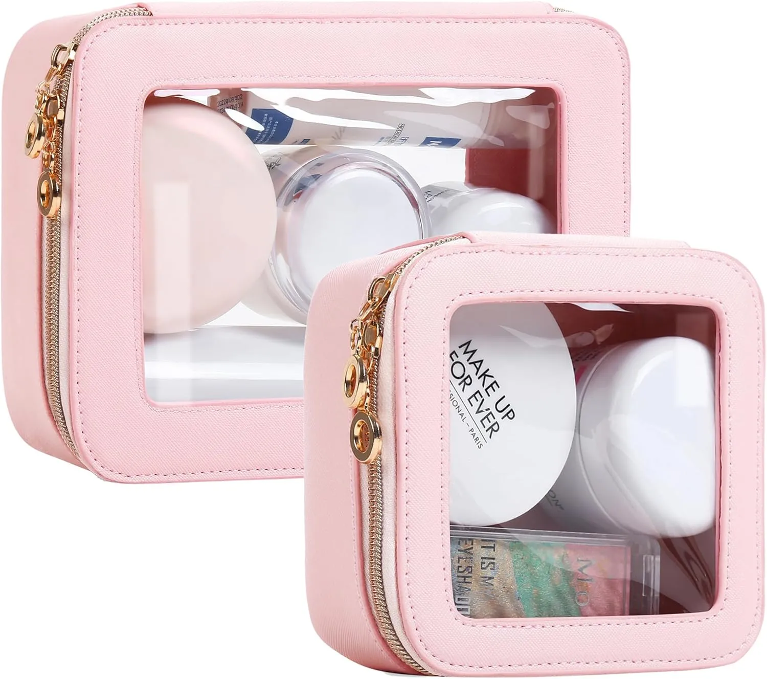 Leather Clear Makeup Bags Set - Travel Clear Cosmetic Bag Case with Zipper, Transparent TSA Approved Toiletry Bags for Travel Essentials Car Accessories for Women (Pink, S M)