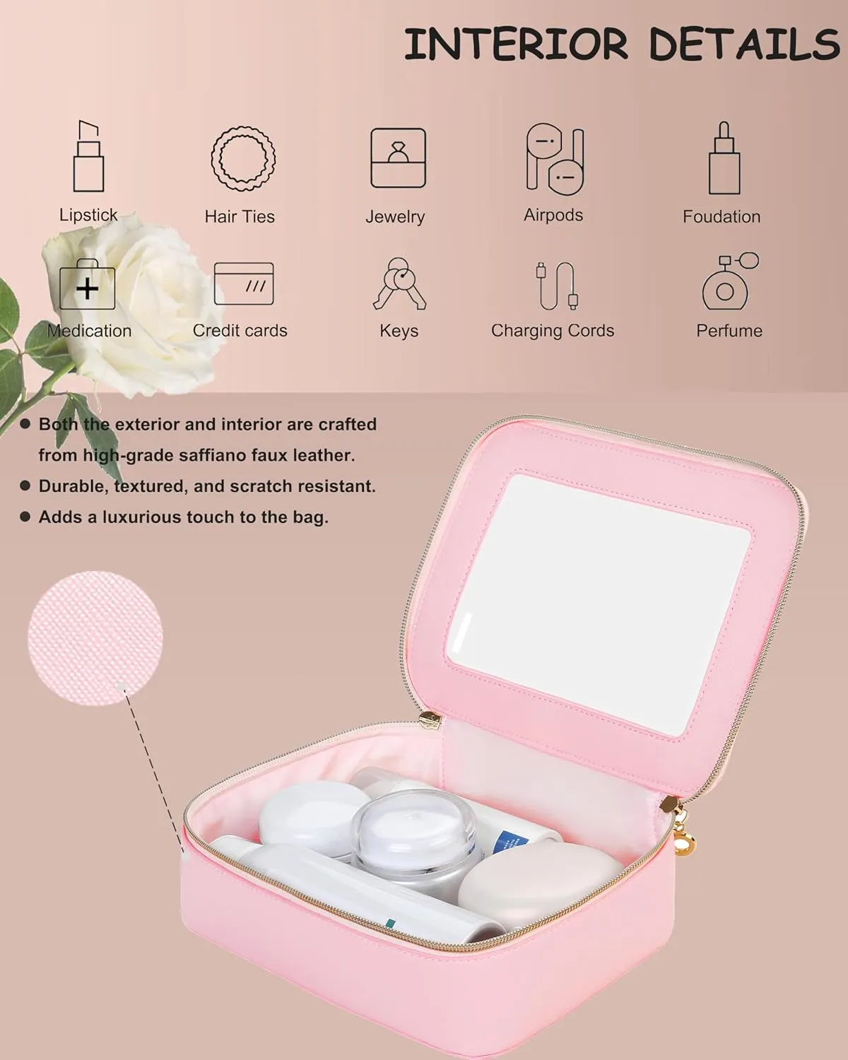 Leather Clear Makeup Bags Set - Travel Clear Cosmetic Bag Case with Zipper, Transparent TSA Approved Toiletry Bags for Travel Essentials Car Accessories for Women (Pink, S M)