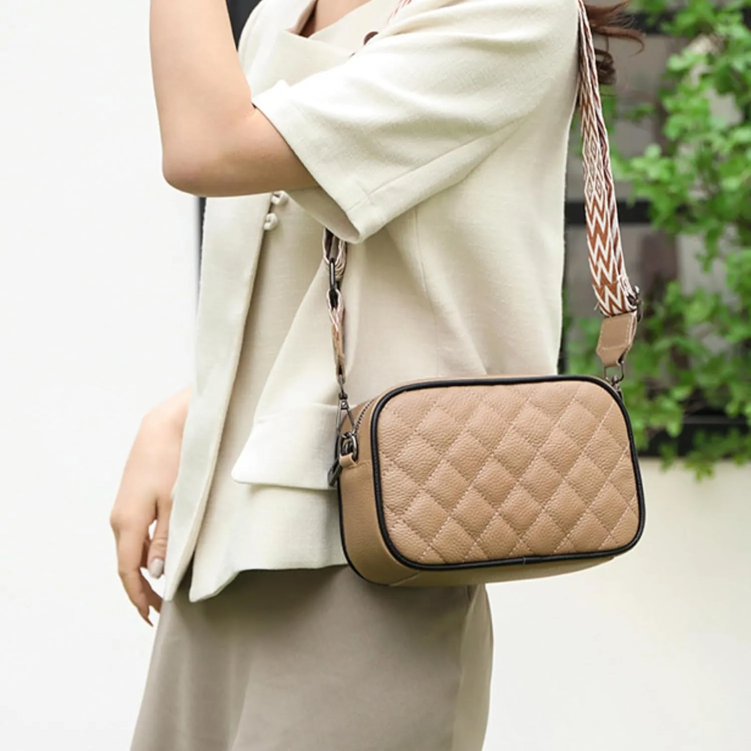Leather Crossbody Bag for Women, Small Purse Shoulder Bag with Wide Strap, Zipper Pocket, Crossbody Handbag for Women