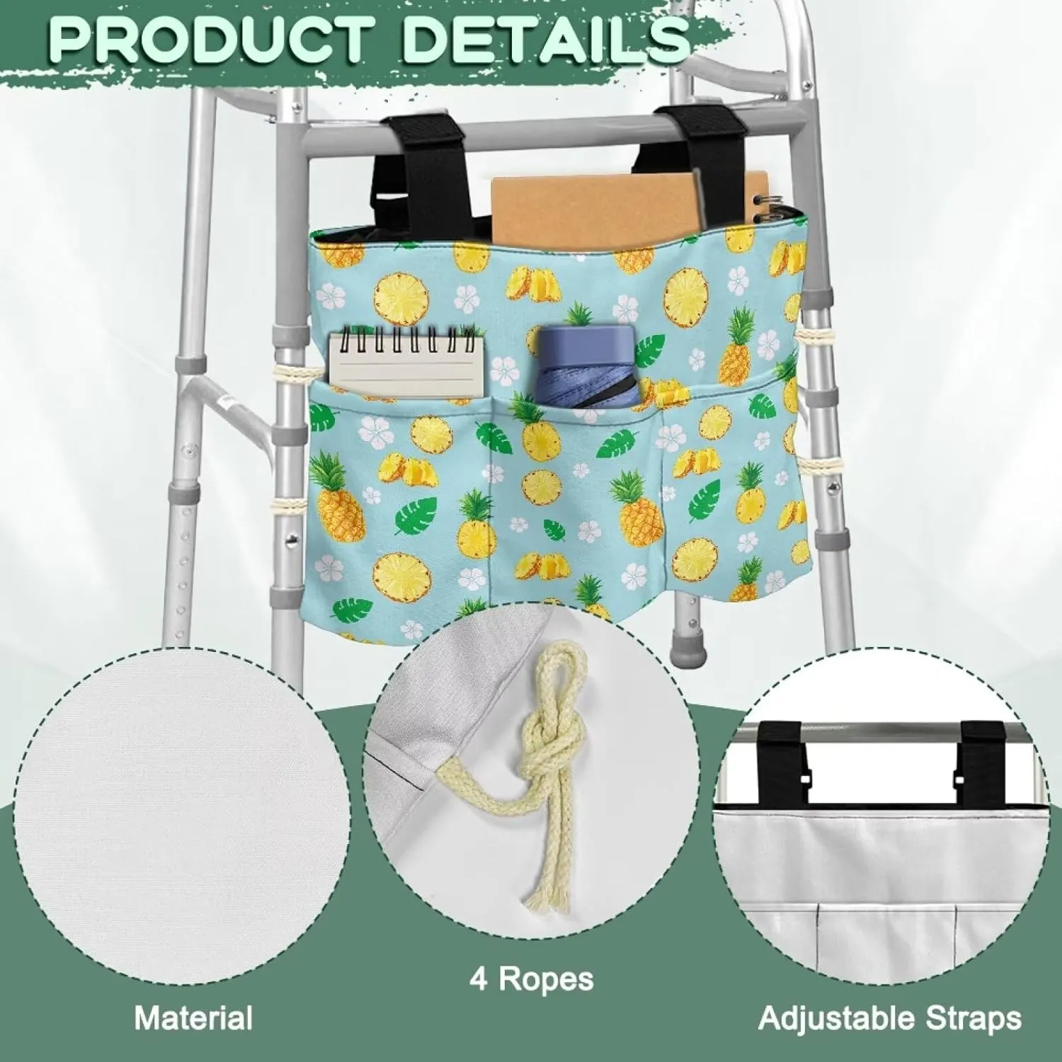 LedBack Walk Accessories Lightweight Walker Bag for Seniors Large Capacity Organizer Pouch Storage Walker Storage Bag with Small Pockets, Pineapple Leaf Design