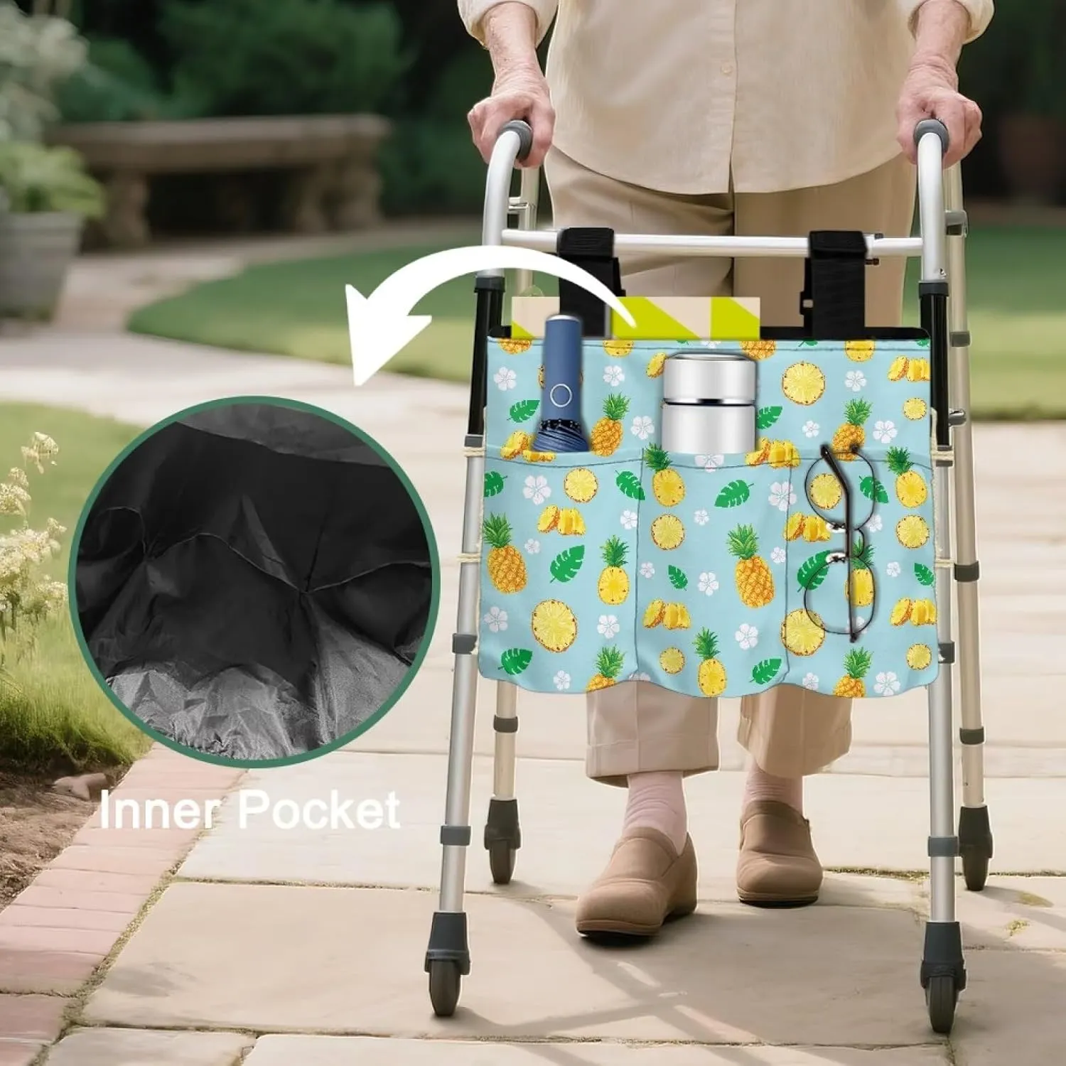 LedBack Walk Accessories Lightweight Walker Bag for Seniors Large Capacity Organizer Pouch Storage Walker Storage Bag with Small Pockets, Pineapple Leaf Design