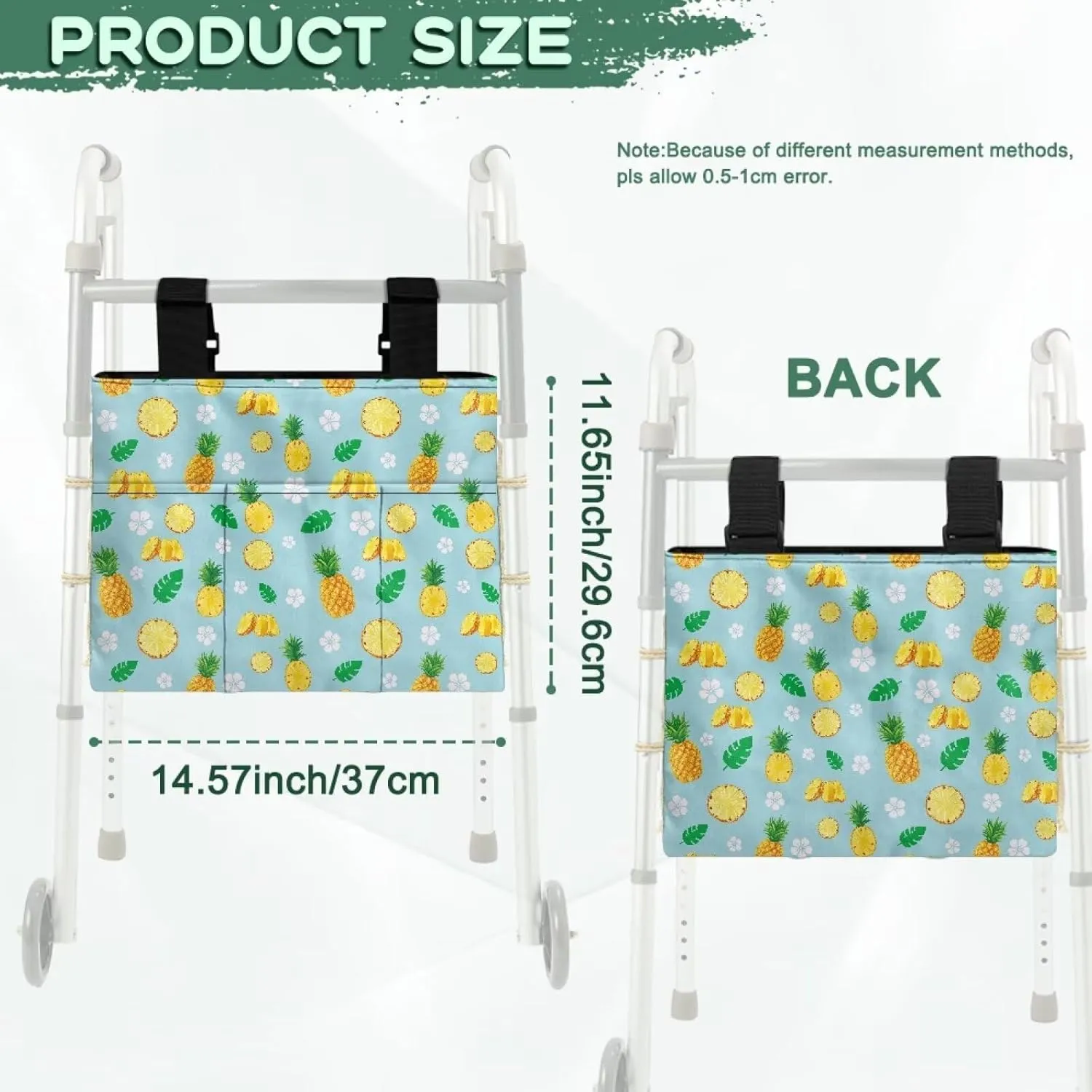 LedBack Walk Accessories Lightweight Walker Bag for Seniors Large Capacity Organizer Pouch Storage Walker Storage Bag with Small Pockets, Pineapple Leaf Design