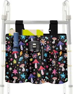 LedBack Walk Accessories Lightweight Walker Bag for Seniors Large Capacity Organizer Pouch Walker Storage Bag with Small Pockets, Colorful Mushroom Stars Design