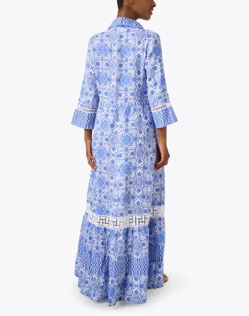 Lete Blue Print Embroidered Linen Dress