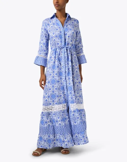 Lete Blue Print Embroidered Linen Dress
