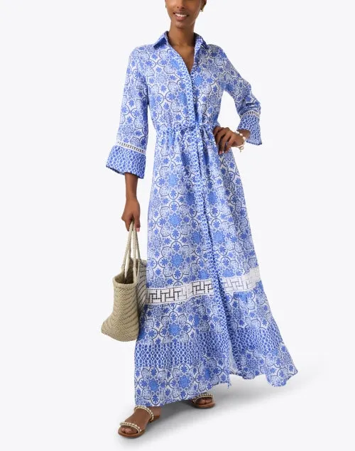 Lete Blue Print Embroidered Linen Dress